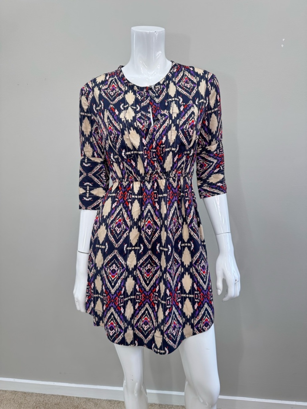 ANTHROPOLOGIE Holding Horses Mira Ikat Dress Navy Cream Print Elastic Waist Mini